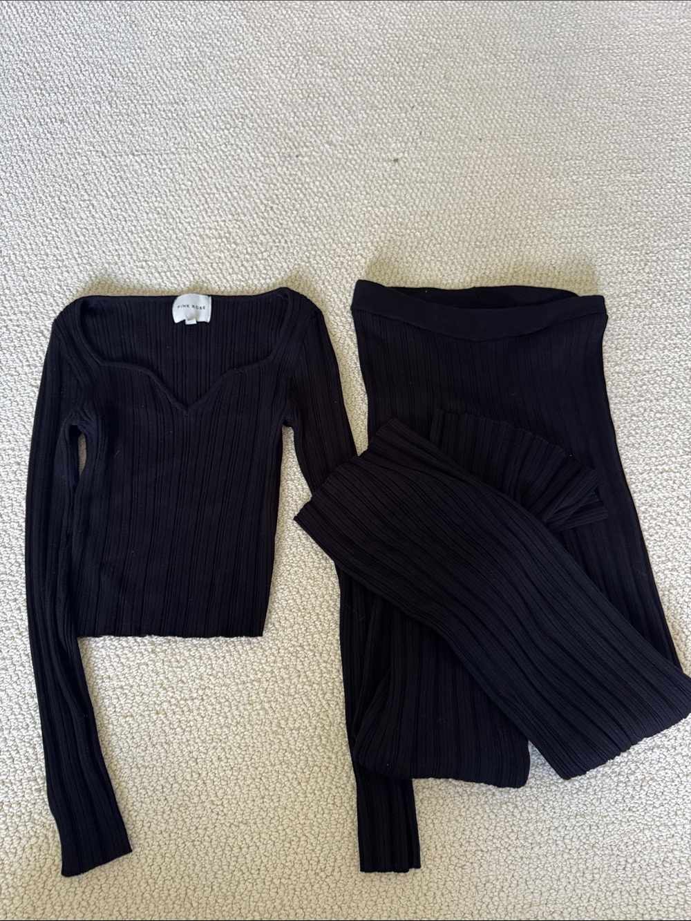 Pink Rose Black Ribbed Wide-Leg Knit Set